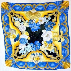 Vintage Leonard Paris blue gold floral fan 34.5” square silk chiffon scarf